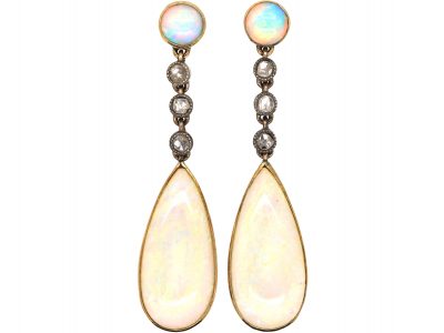 Edwardian 15ct Gold & Silver, Opal & Rose Diamond Drop Earrings