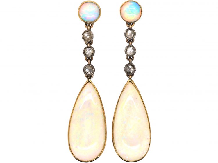 Edwardian 15ct Gold & Silver, Opal & Rose Diamond Drop Earrings