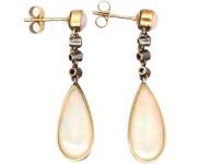 Edwardian 15ct Gold & Silver, Opal & Rose Diamond Drop Earrings