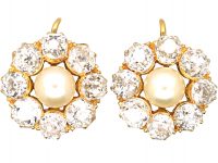 Edwardian 18ct Gold, Natural Pearl & Diamond Cluster Earrings