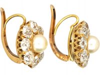 Edwardian 18ct Gold, Natural Pearl & Diamond Cluster Earrings