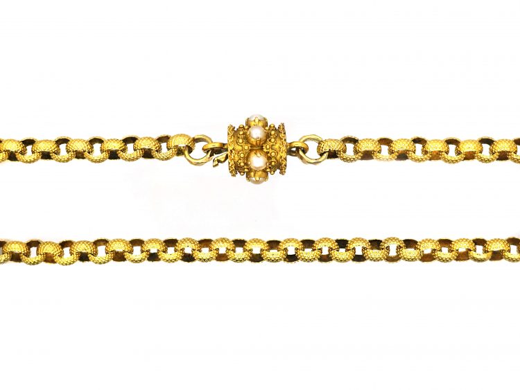 Georgian 15ct Gold Chain with Barrel Clasp set with Natural Split Pearls