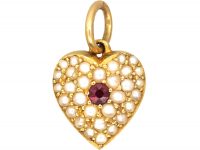 Edwardian 15ct Gold Heart Pendant set with Natural Split Pearls & a Ruby