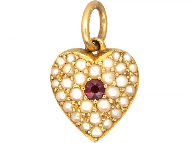 Edwardian 15ct Gold Heart Pendant set with Natural Split Pearls & a Ruby