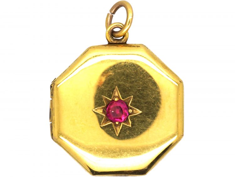 Edwardian 9ct Gold Octagonal Locket set with a Ruby