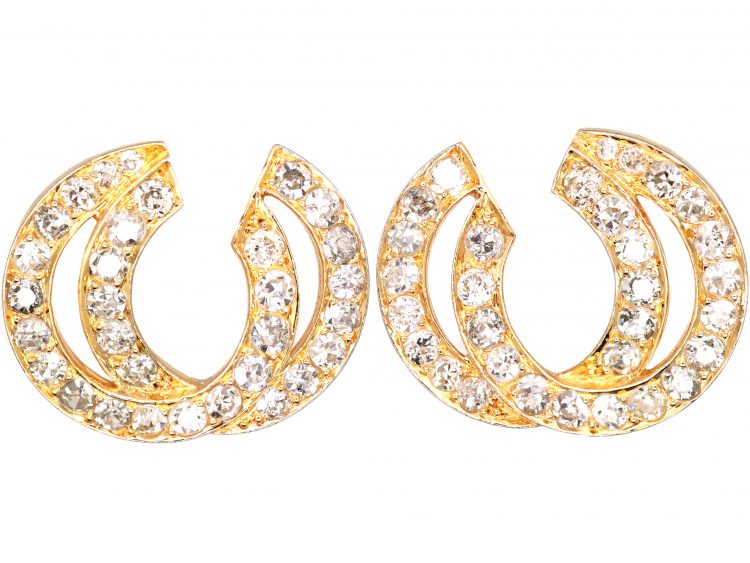 Art Deco 18ct Gold Double Hoop Earrings set with Diamonds