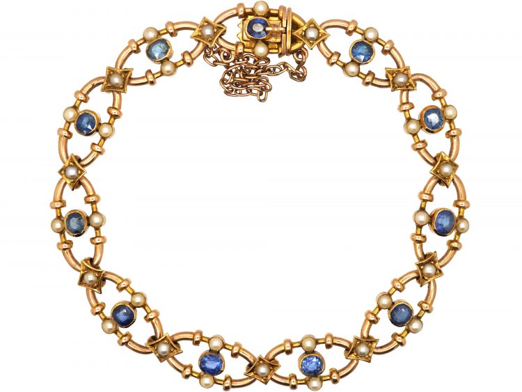 Edwardian 15ct Gold Bracelet set with Sapphires & Natural Split Pearls