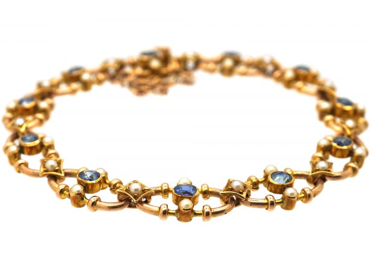 Edwardian 15ct Gold Bracelet set with Sapphires & Natural Split Pearls