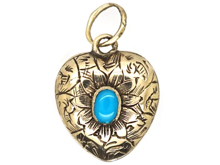 Georgian 15ct Gold & Turquoise Heart Shaped Pendant with Locket on the Reverse