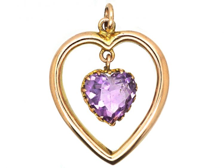 Edwardian 9ct Gold Heart Shaped Pendant with Heart Shaped Amethyst Drop