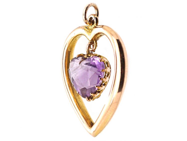 Edwardian 9ct Gold Heart Shaped Pendant with Heart Shaped Amethyst Drop