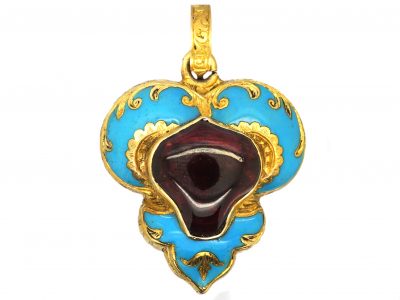 Victorian 15ct Gold & Blue Enamel Heart Shaped Pendant set with a Cabochon Garnet