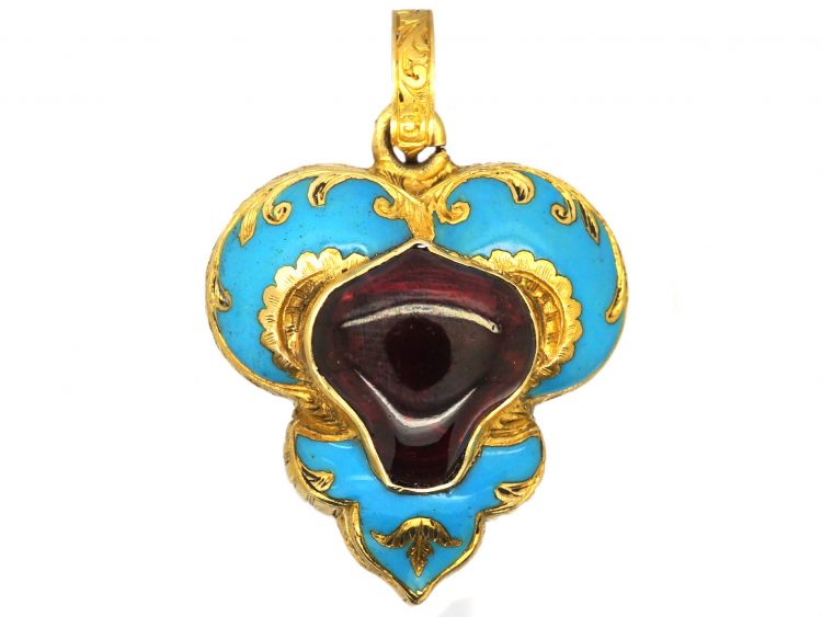 Victorian 15ct Gold & Blue Enamel Heart Shaped Pendant set with a Cabochon Garnet