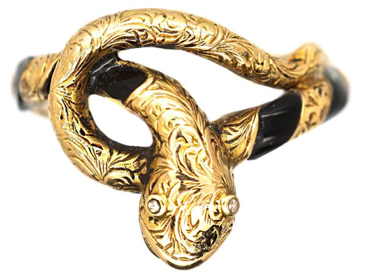 Victorian 15ct Gold & Onyx Snake Ring with Rose Diamond Eyes