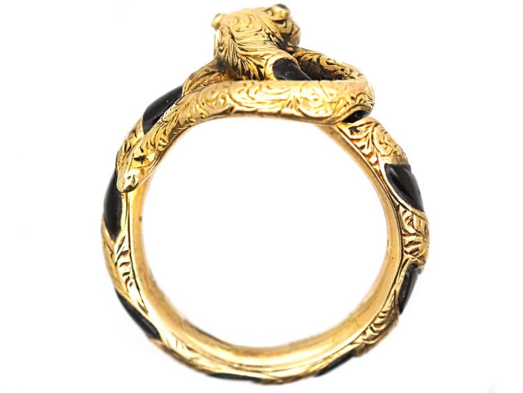 Victorian 15ct Gold & Onyx Snake Ring with Rose Diamond Eyes