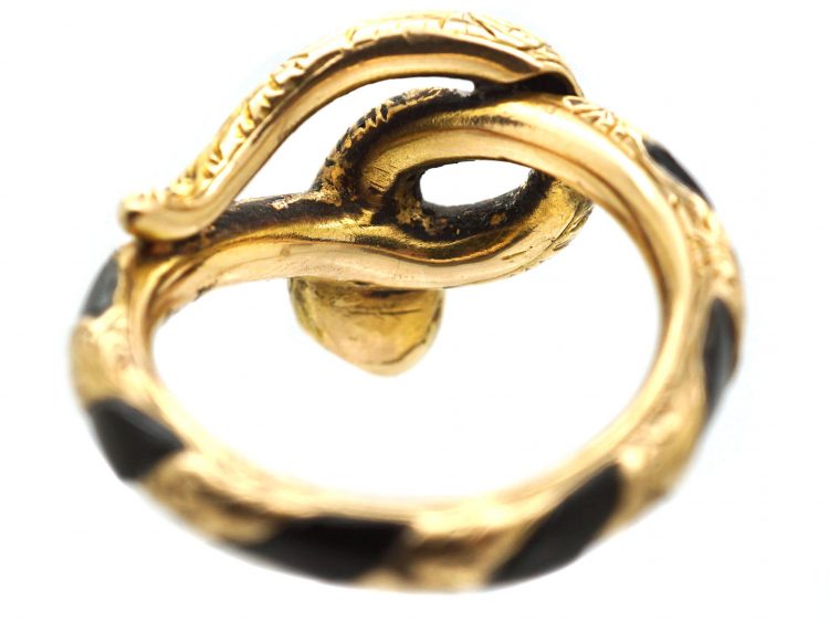 Victorian 15ct Gold & Onyx Snake Ring with Rose Diamond Eyes