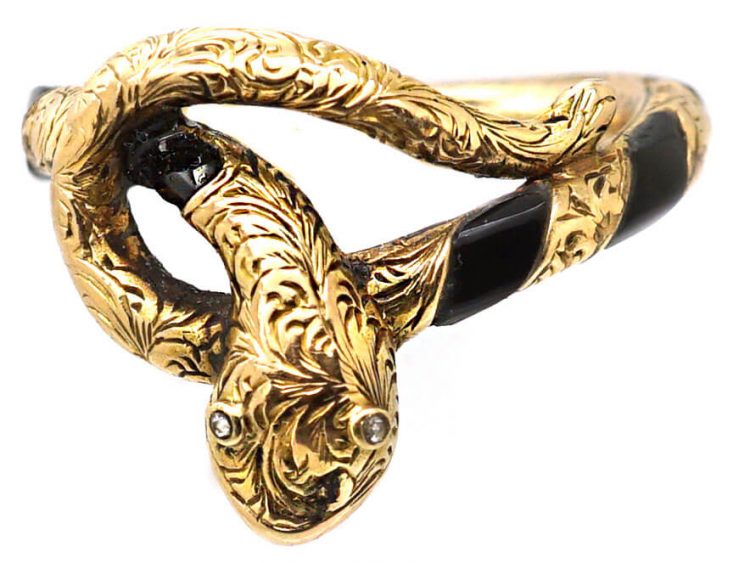 Victorian 15ct Gold & Onyx Snake Ring with Rose Diamond Eyes