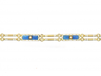 Edwardian 15ct Gold, Blue & White Enamel & Natural Split Pearl Bracelet