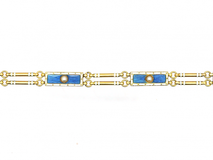 Edwardian 15ct Gold, Blue & White Enamel & Natural Split Pearl Bracelet