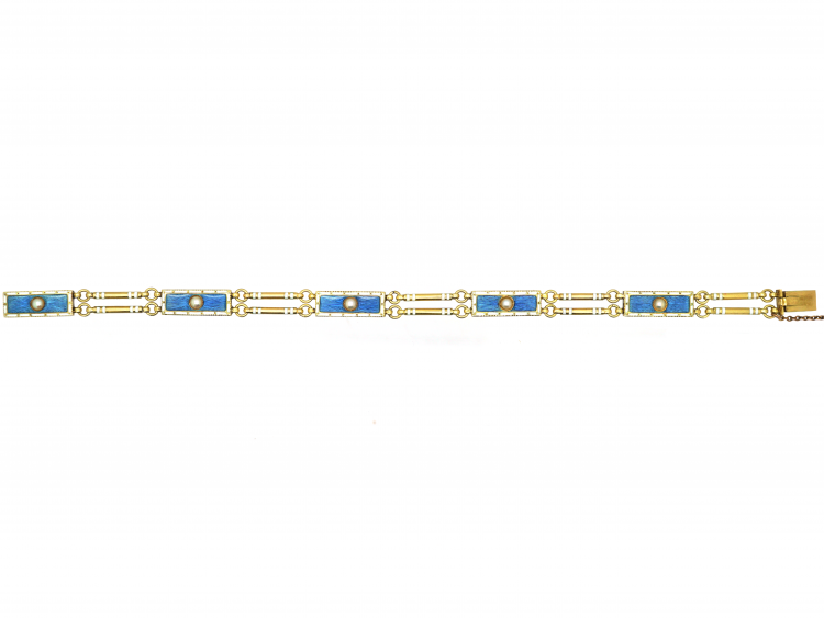 Edwardian 15ct Gold, Blue & White Enamel & Natural Split Pearl Bracelet