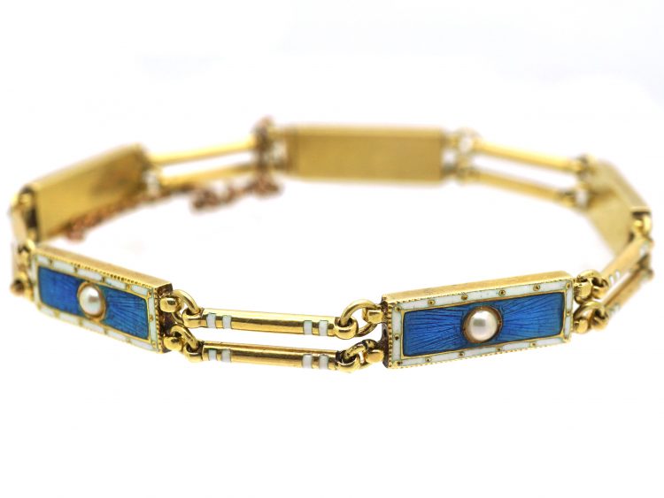 Edwardian 15ct Gold, Blue & White Enamel & Natural Split Pearl Bracelet