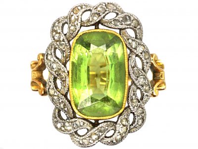 Early 20th Century French Import 18ct Gold & Platinum, Peridot & Rose Diamond Ring