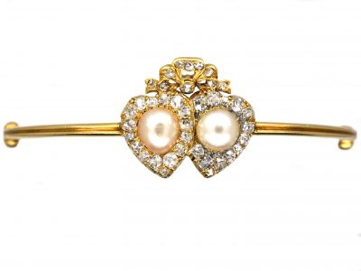 Edwardian 18ct Gold Double Heart Bangle set with Natural Pearls & Diamonds