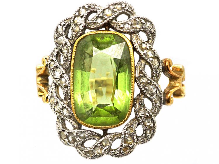 Early 20th Century French Import 18ct Gold & Platinum, Peridot & Rose Diamond Ring