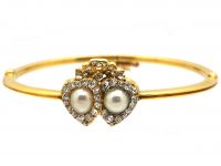 Edwardian 18ct Gold Double Heart Bangle set with Natural Pearls & Diamonds