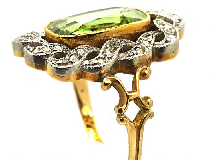 Early 20th Century French Import 18ct Gold & Platinum, Peridot & Rose Diamond Ring