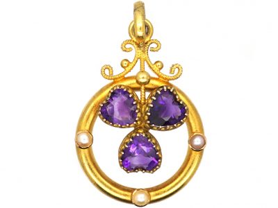 Edwardian 15ct Gold Pendant set with Heart Shaped Amethysts & Natural Split Pearls