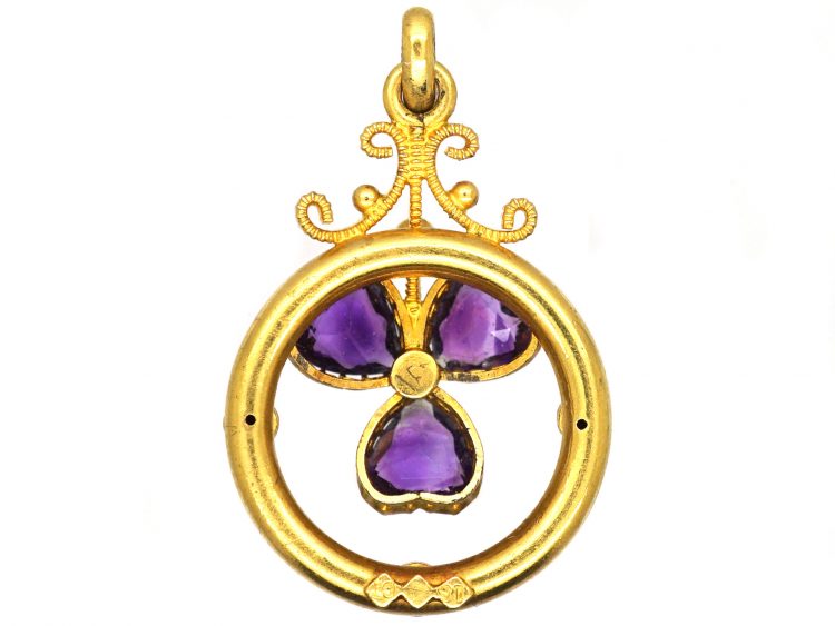 Edwardian 15ct Gold Pendant set with Heart Shaped Amethysts & Natural Split Pearls