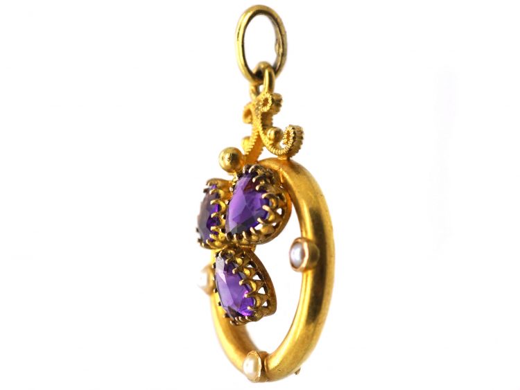 Edwardian 15ct Gold Pendant set with Heart Shaped Amethysts & Natural Split Pearls