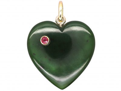 Edwardian Nephrite Heart Shaped Pendant set with a Ruby