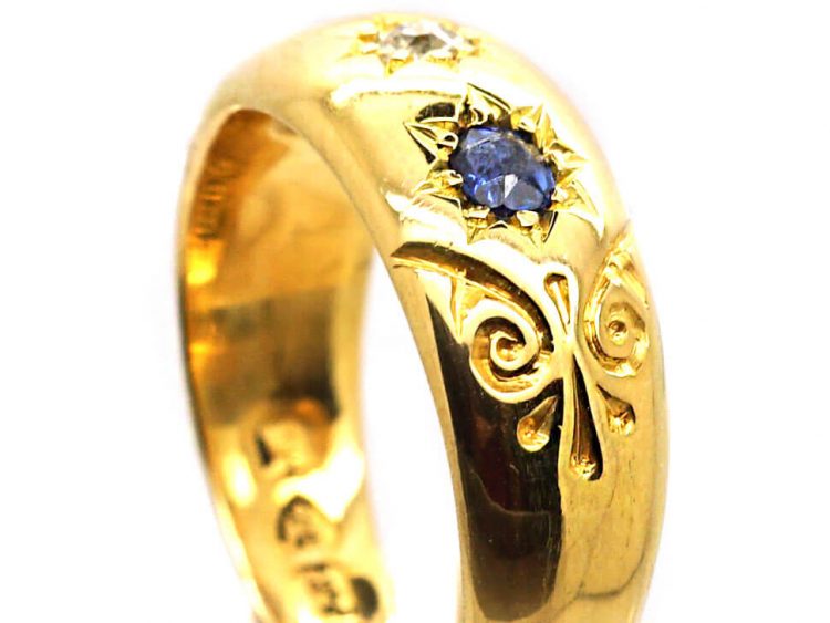 Edwardian 18ct Gold, Three Stone Sapphire & Diamond Gypsy Ring