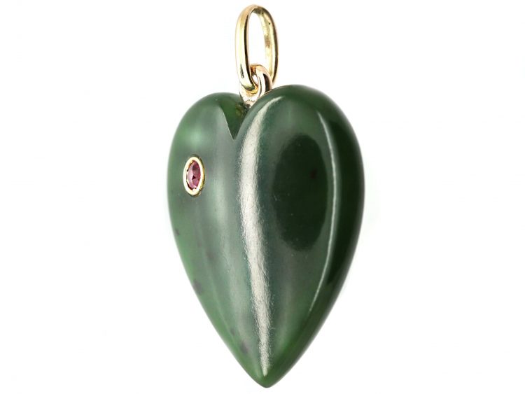 Edwardian Nephrite Heart Shaped Pendant set with a Ruby