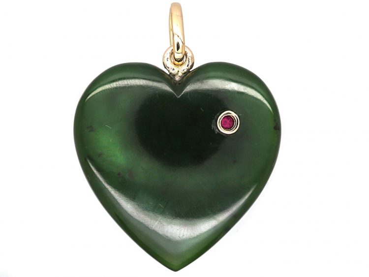 Edwardian Nephrite Heart Shaped Pendant set with a Ruby