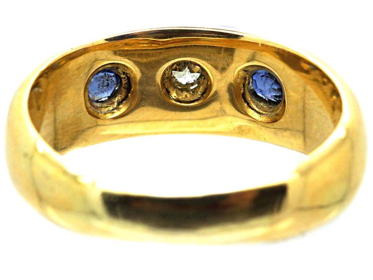 Edwardian 18ct Gold, Three Stone Sapphire & Diamond Gypsy Ring