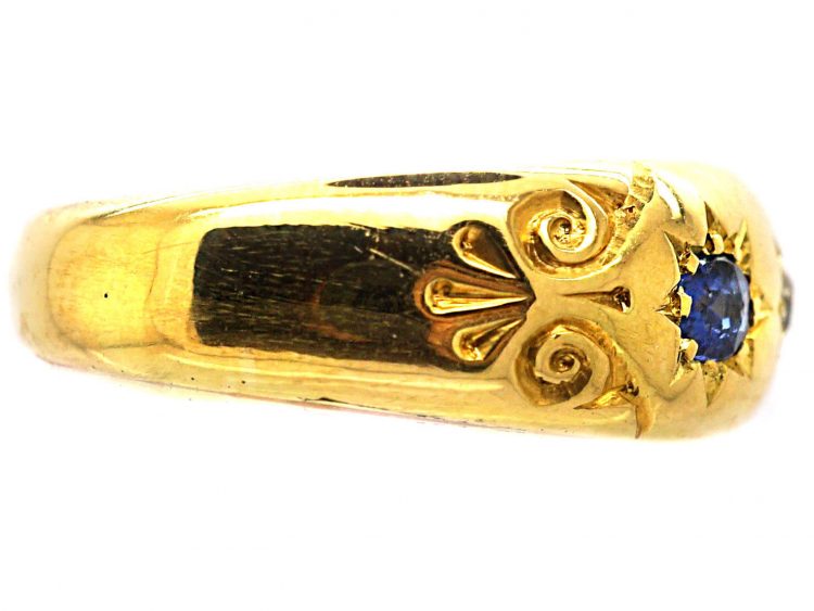 Edwardian 18ct Gold, Three Stone Sapphire & Diamond Gypsy Ring