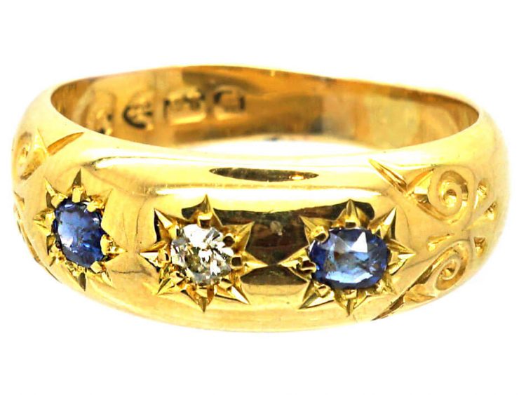 Edwardian 18ct Gold, Three Stone Sapphire & Diamond Gypsy Ring