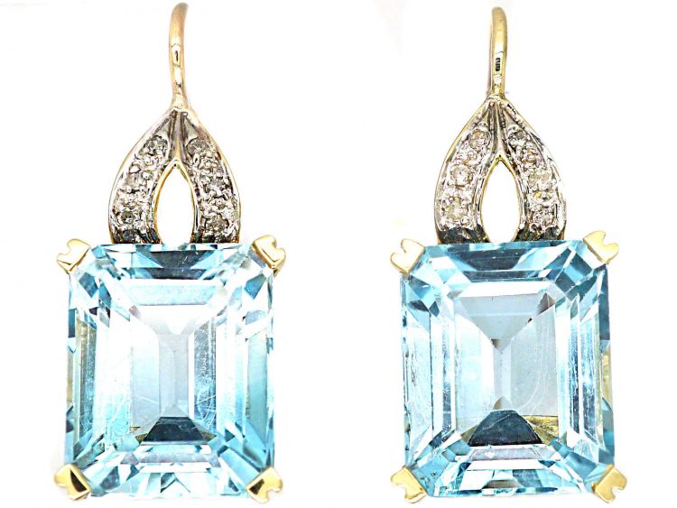 Retro 14ct Gold, Rectangular Cut Aquamarine & Diamond Earrings