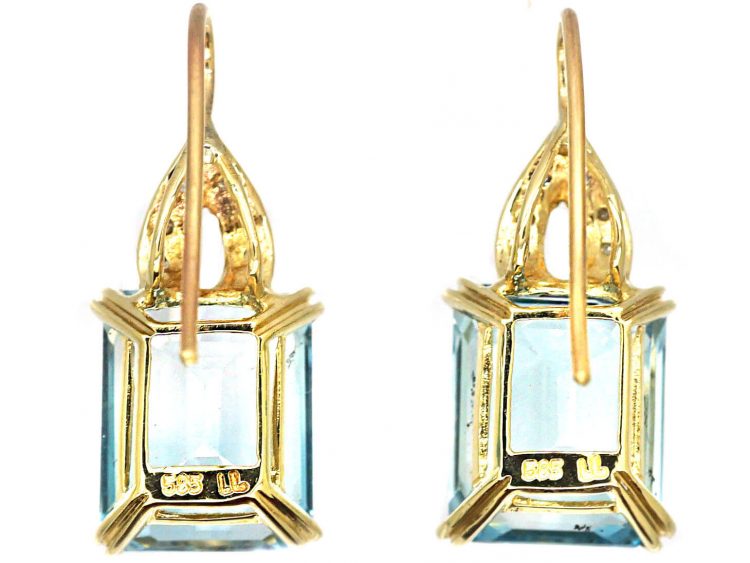 Retro 14ct Gold, Rectangular Cut Aquamarine & Diamond Earrings