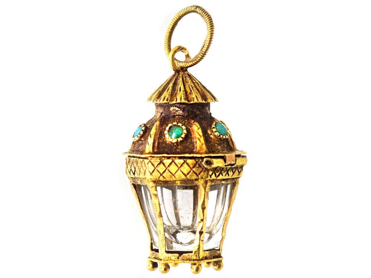 Georgian 15ct Gold Rock Crystal & Turquoise Lantern Small Pendant