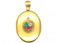 Victorian 18ct Gold Oval Locket set with an Emerald, Diamond and a Ruby