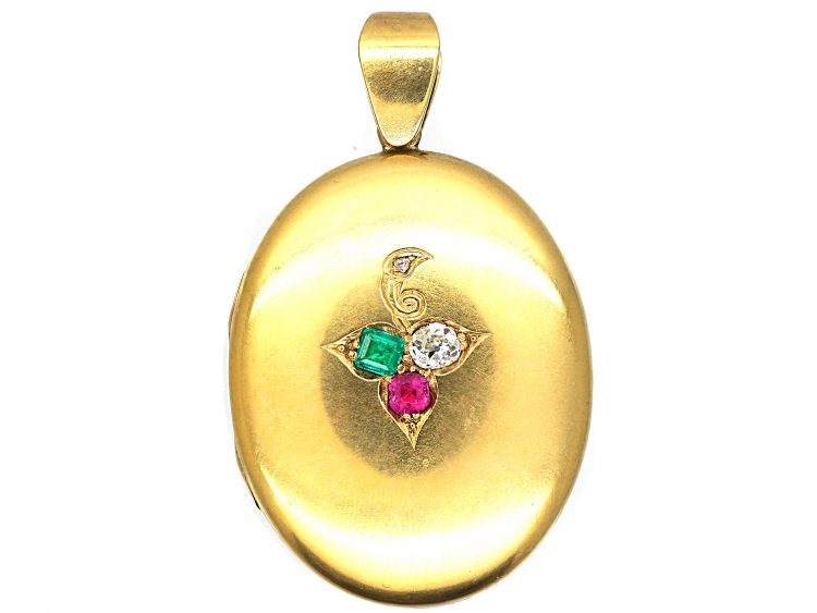 Victorian 18ct Gold Oval Locket set with an Emerald, Diamond and a Ruby