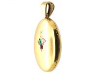 Victorian 18ct Gold Oval Locket set with an Emerald, Diamond and a Ruby