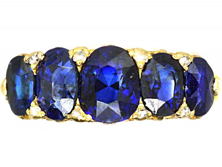 Victorian 18ct Gold, Five Stone Sapphire Carved Half Hoop Ring