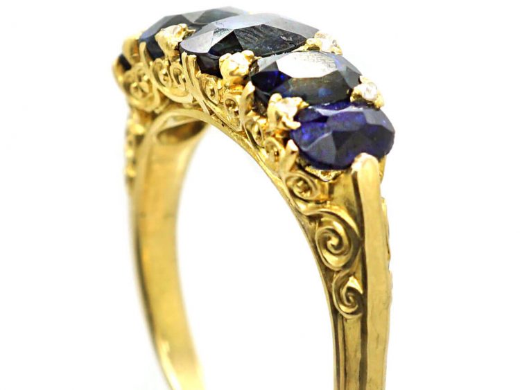 Victorian 18ct Gold, Five Stone Sapphire Carved Half Hoop Ring