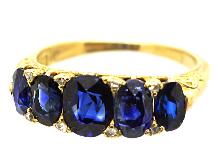 Victorian 18ct Gold, Five Stone Sapphire Carved Half Hoop Ring