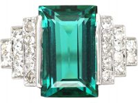 Art Deco Platinum, Green Tourmaline Ring with Diamond set Shoulders